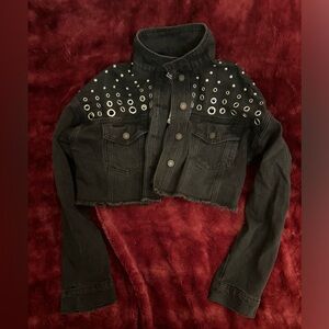 Cropped black studded grommet denim jacket